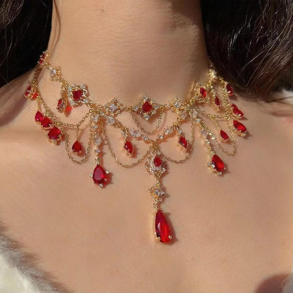 Gothic Necklace Geometric Red Gemstone Pendant With Multilayer Design For Women