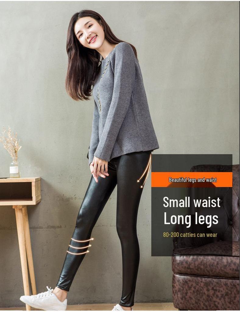 2024 Women's Stretch Faux Leather Pants: Thickened, Elastic Waist, Velvet Lined, Gusseted Leggings