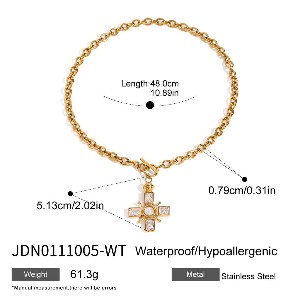 Youthway Specialist Elegant Gold Plated Stainless Steel Rhinestone Imitation Pearl Cross Pendant Necklace Unisex Vintage Jewelry