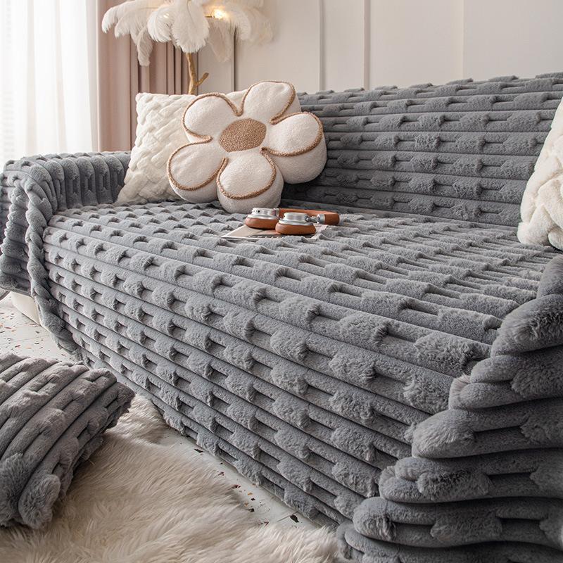 Zimní Králičí Plyšový Přehoz na Pohovku Celoplošný Látkový Zesílený Jednoduchý a Lehký Luxus Protiskluzové Sedáky