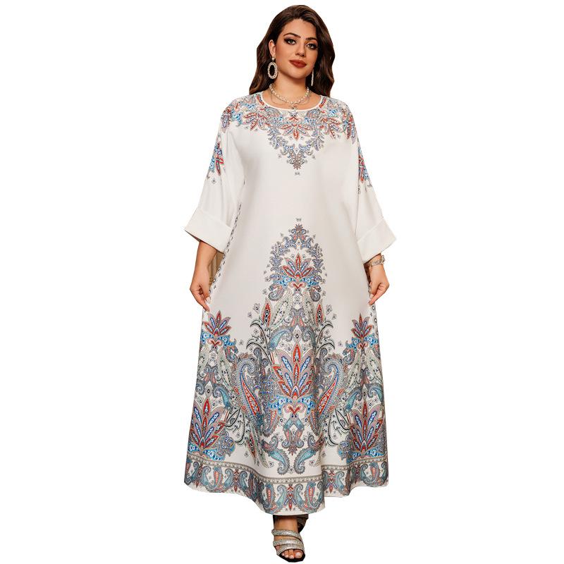 AB400 Muslim Fashion Floral Dress with Hot Drill Embellishments - Middle Eastern Style Robe for Women