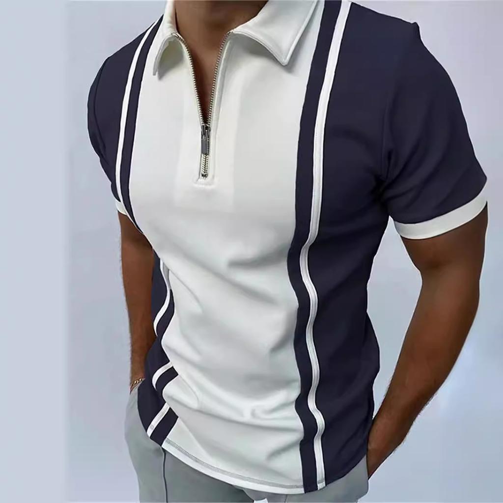 Neues Herren-Poloshirt mit Reißverschluss, Streifen, Colorblock-Oberteil