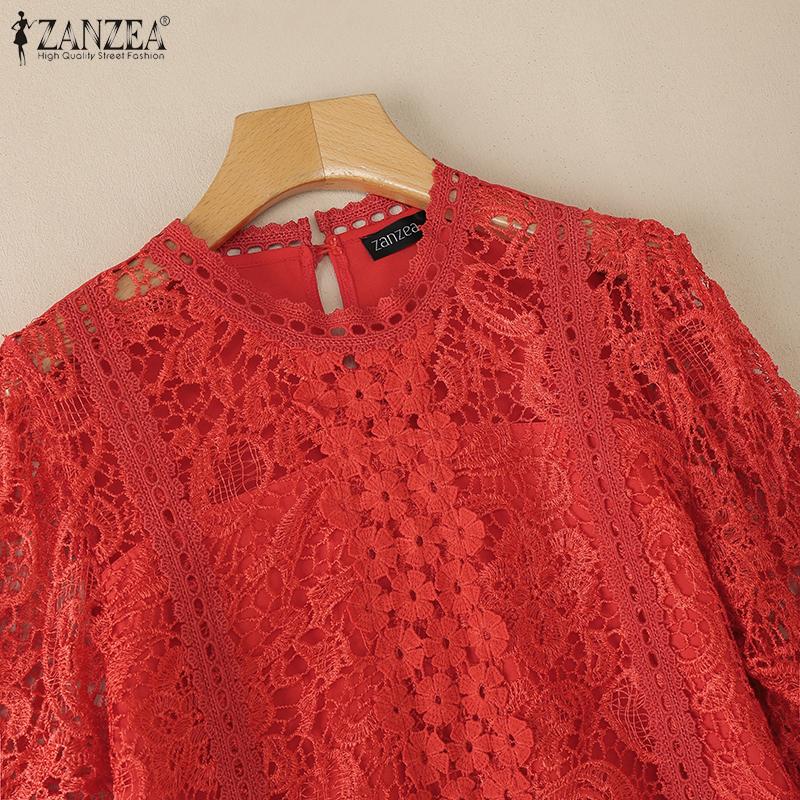 ZANZEA Damen Sommer Aushöhlen Spitze Häkeln Patchwork Kurzarm Bluse