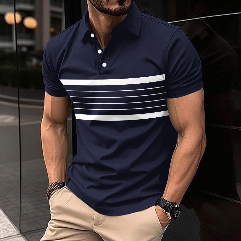 New Men's Fashionable Casual Polo Shirt Summer Button Striped Versatile T-shirt