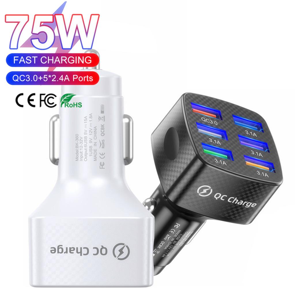 6 Ports 75W USB Car Charger Type C USB-A Car Fast Charging QC3.0 PD Car Phone Chargers Adapter For Iphone Xiaomi  Samsung