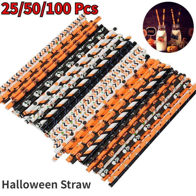 

25/50/100 шт/упаковка Хэллоуин Соломенная тыква Летучая мышь Паутина Скелет Ведьма Узор Одноразовая питьевая бумага Соломинки Украшение вечеринки на Хэллоуин