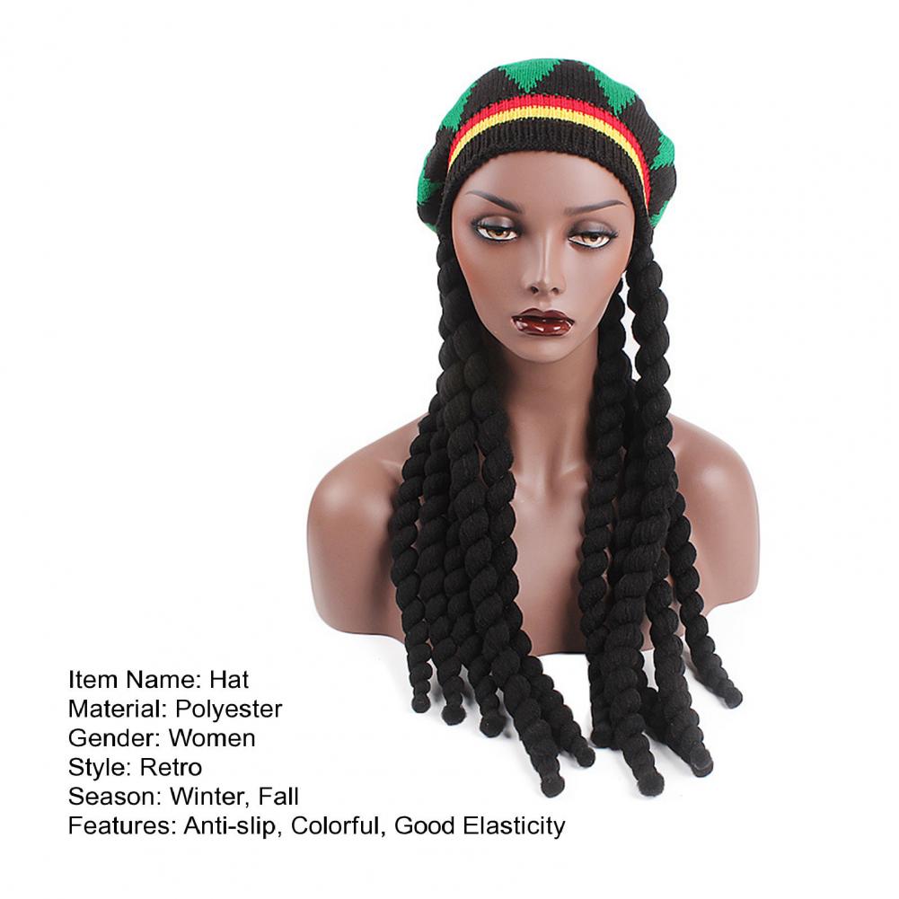 Women Halloween Hat Colorful Knitted Elastic Anti-slip Windproof Thick Witch Cosplay Fake Black Braids Party Carnival Beret