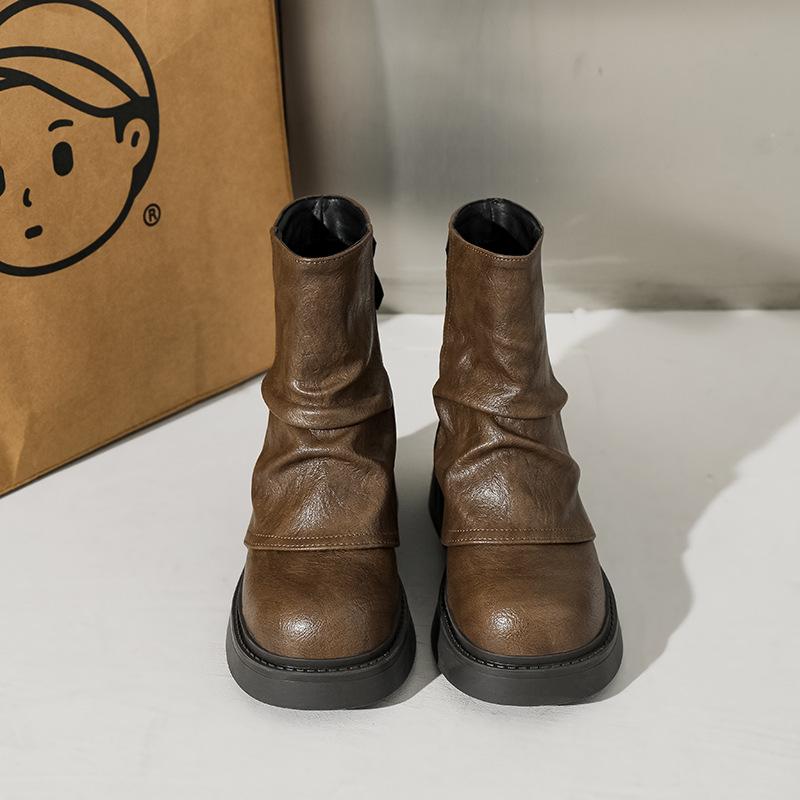 Maillard Retro Kurzstiefel Damen Britischer Stil Herbst und Winter Plissee Plüsch Plateau Kurzstiefel