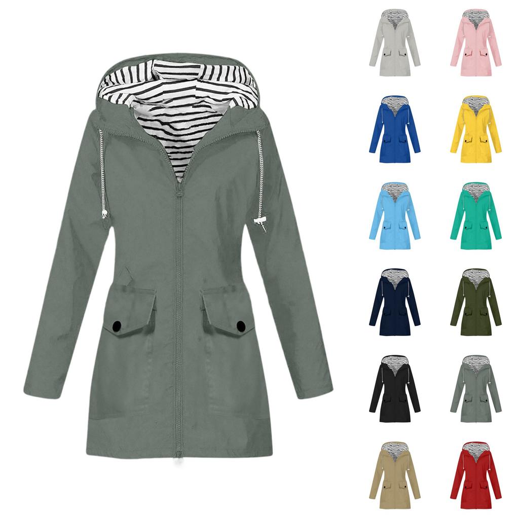 Women Solid Stripe Rain Jacket Outdoor Plus Waterproof Hooded Raincoat Windproof