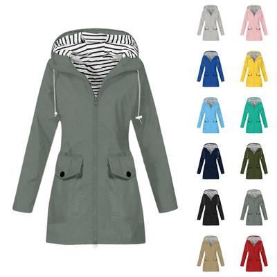 Women Solid Stripe Rain Jacket Outdoor Plus Waterproof Hooded Raincoat Windproof