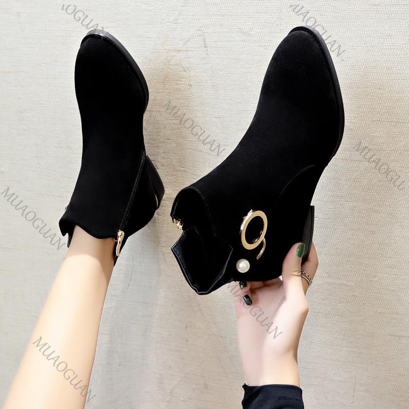 Fashion 2025 Autumn Winter New Black Thick Heeled Short Boots Women Shoes Casual Suede Round Toe Low Heel Female Ankle Boots for Women