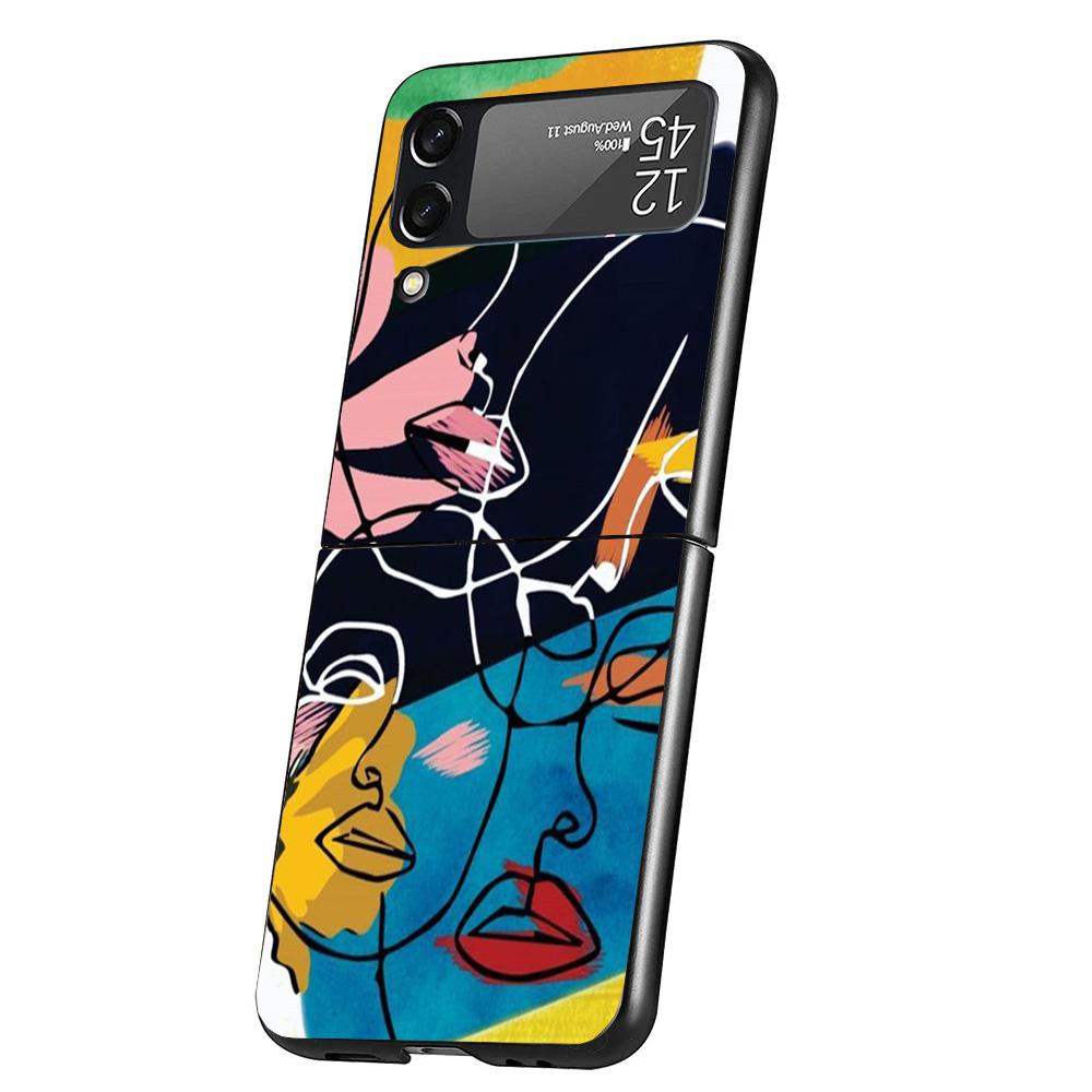 Abstract Line Women Face Case Phone Cover for Samsung Galaxy Z Flip 6 5 4 3 5G ZFlip6 ZFlip5 ZFlip4 ZFlip3 Black Hard Trend Fund