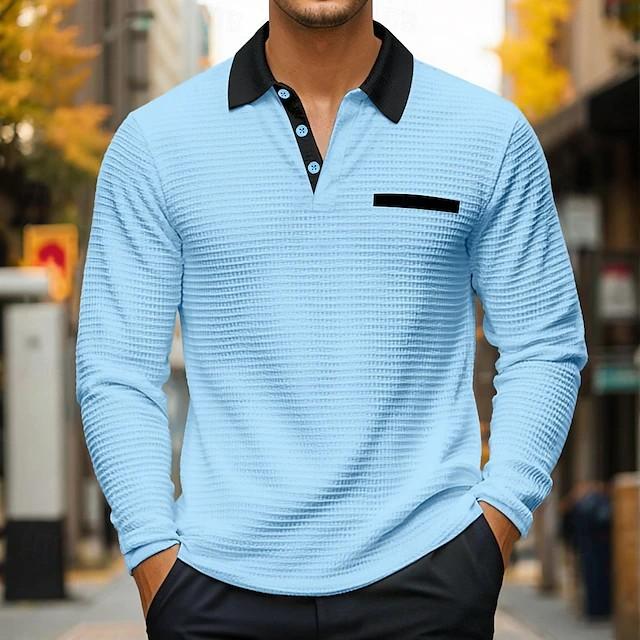 

Autumn New Men s Casual Sports Outdoor Versatile Solid Color Turn-Down Collar Waffle Top XXXL небесно-голубой