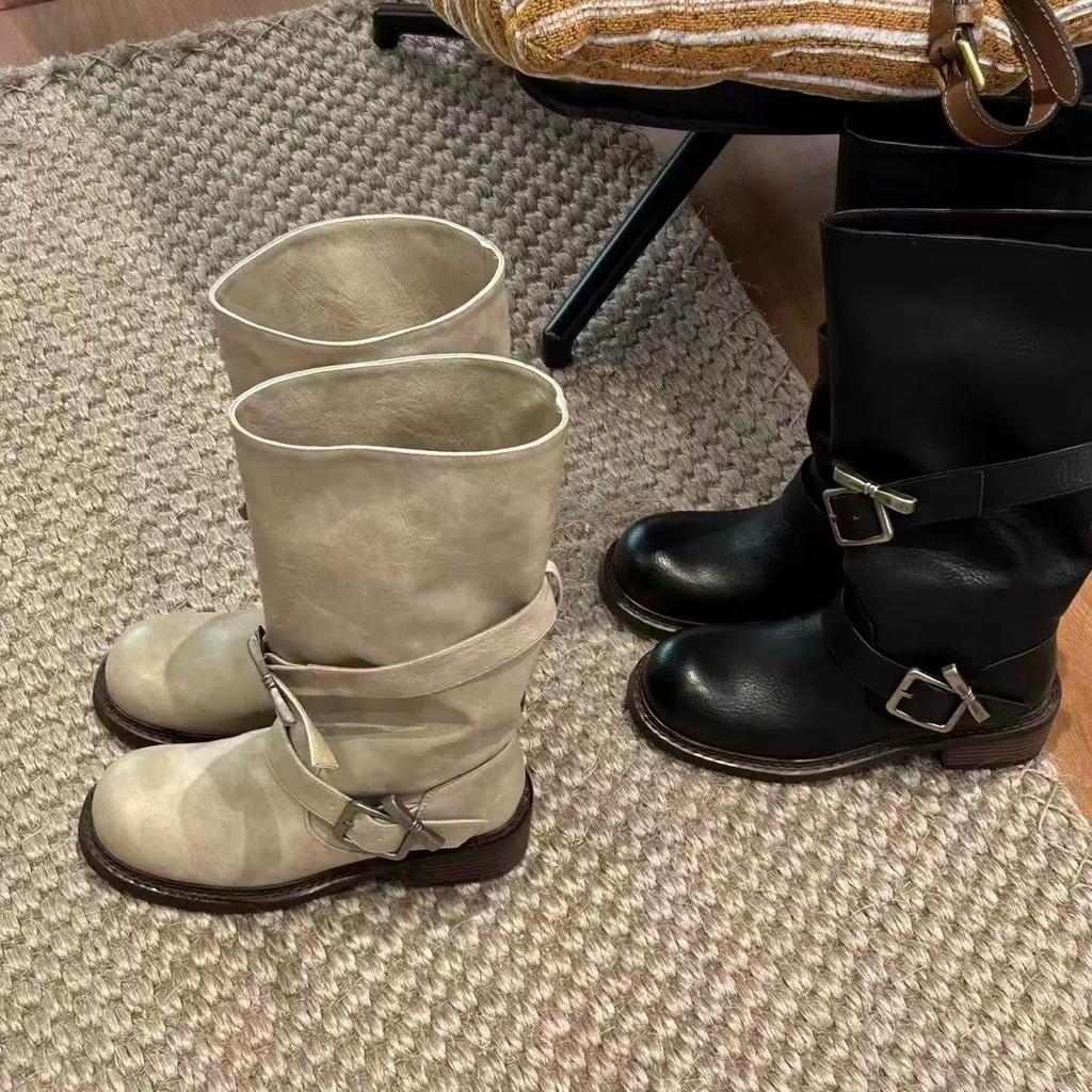 New retro old belt buckle tube women's thick-soled niche stacking boots Martin boots