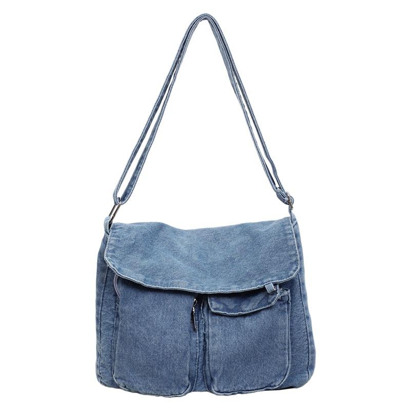 Multi-Pocket Denim Bag Large Capacity Retro Commuter Shoulder Bag