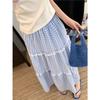 Women's Plus Size A-Line Maxi Skirt Blue Plaid Lace Trim Tiered Sweet Casual Skirt