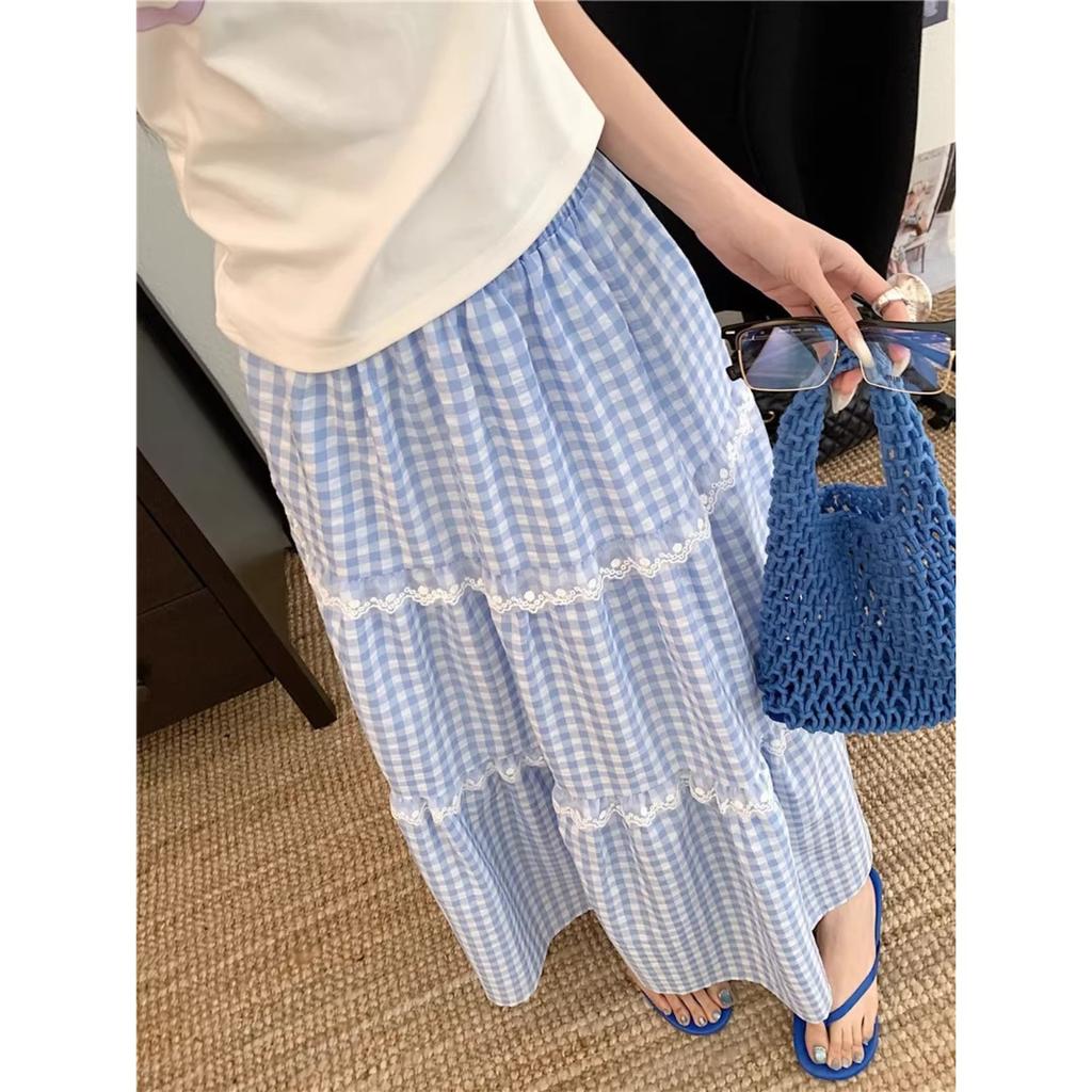 Women's Plus Size A-Line Maxi Skirt Blue Plaid Lace Trim Tiered Sweet Casual Skirt