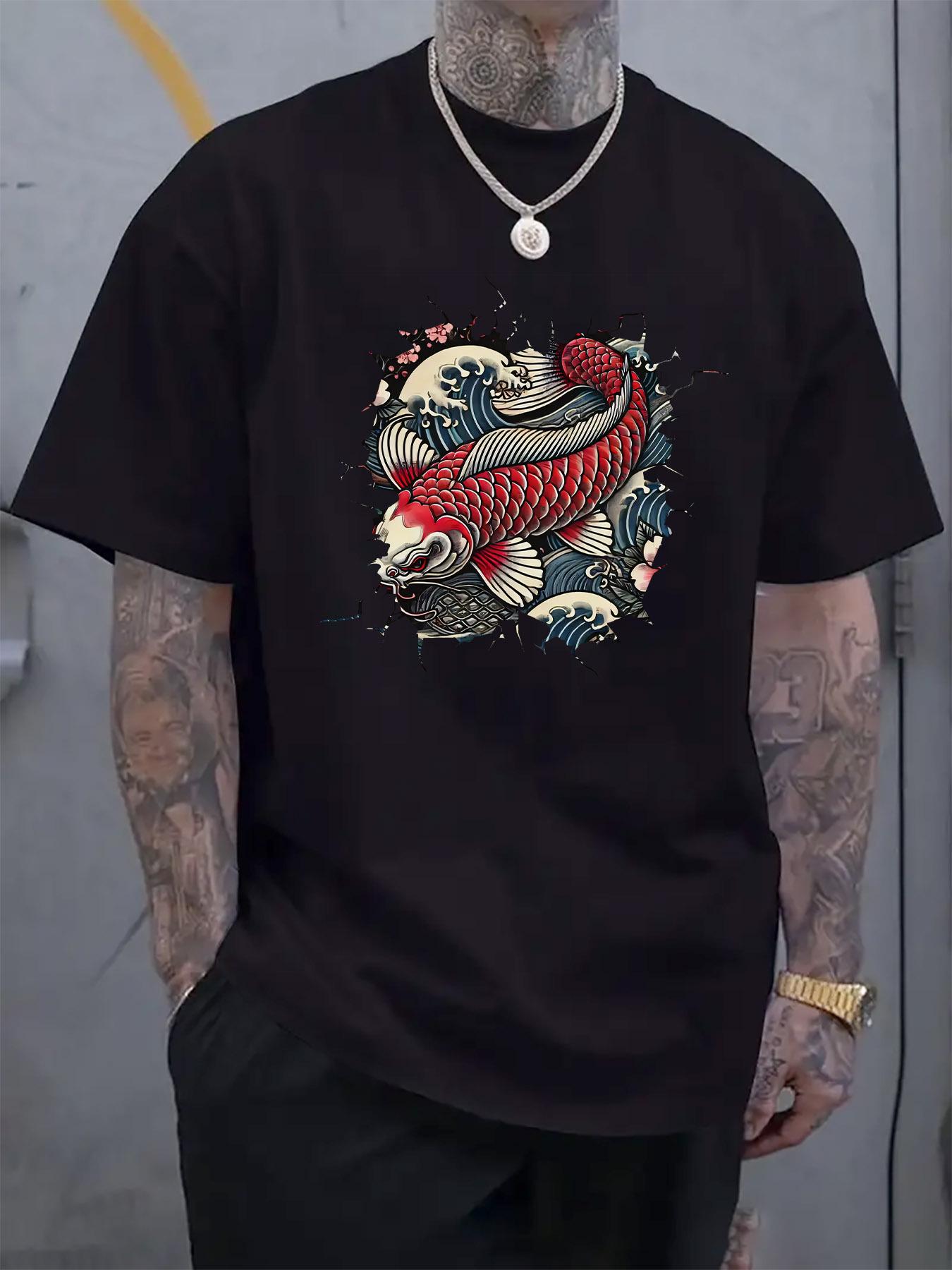 Casual Crew Neck Tshirt with Japanese Koi Carp and Wave P... M