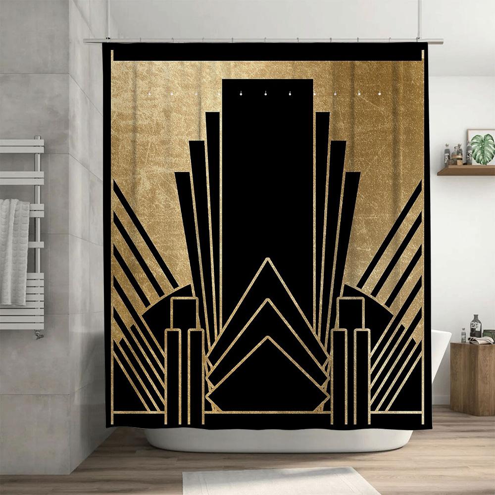 Art Deco Duschvorhang Geometrisches Muster Badezimmer Dekor Vintage Schwarz Gold Maximalistischer Hintergrund Waschbar Moderne Heimtextilien