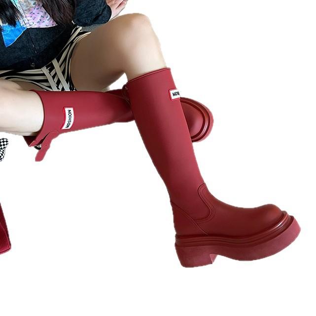 Thick-soled Non-slip Tall Red Rain Boots 2025 Outdoor Camping Rain Shoes But Knee Travel Boots Knight Boots