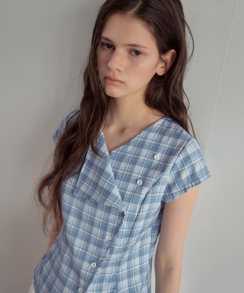 Aueonoseuteljia Asymmetrical Check Half Shirt_Light Blue(Ob6Bl09)