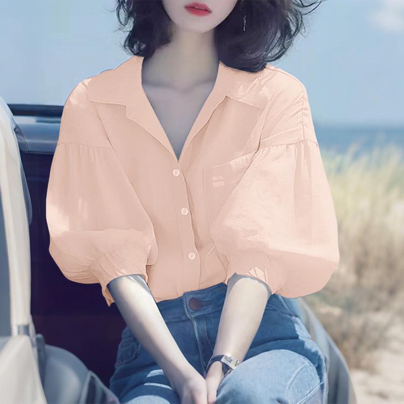 

ZANZEA Женская летняя блузка свободного кроя с отложным воротником и рукавами 3/4 5XL розовый