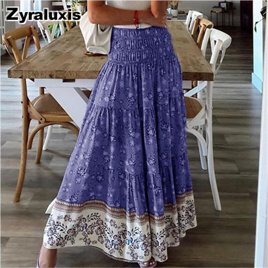 Neuer Bedruckter Maxi A-Linien Midi Rock Böhmischer Lässiger Hoher Bund Langes Kleid Strandrock für Damen