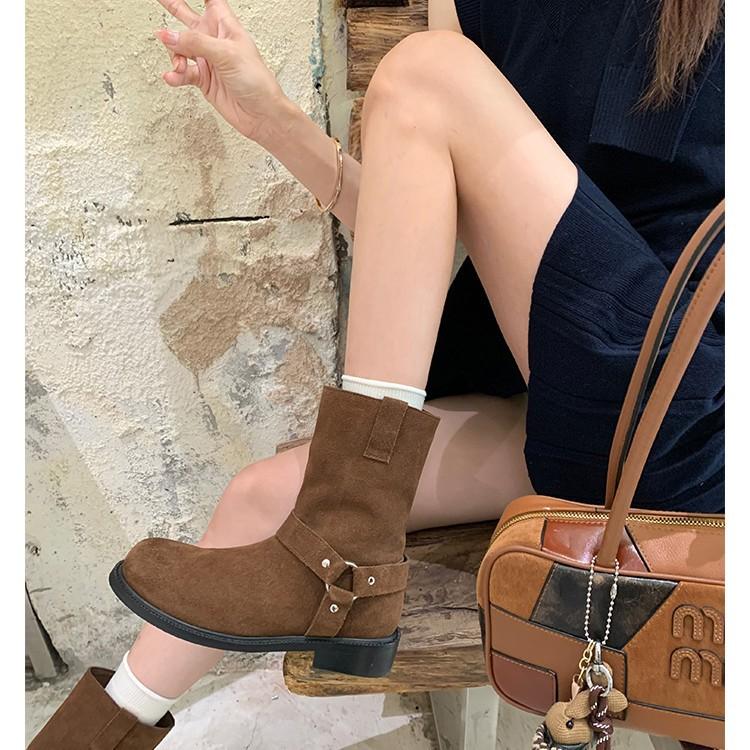 Grape Mother Internet Celebrity with the Same Style, Zurich Autumn~ Versatile Round Head Metal Buckle Retro Low Heel Western Short Boots Women