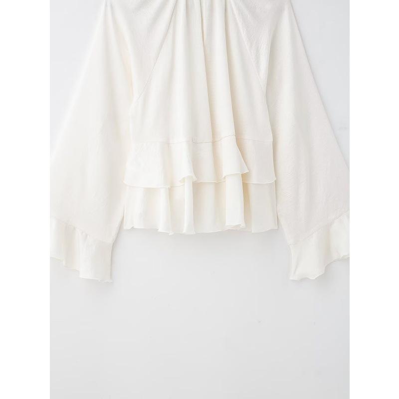 European & American Style Layered Stand Collar Long Sleeve Women's Shirt - 2234900