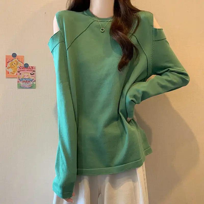 Women's Spring Autumn New Design Sense Slimming Off Shoulder Knitwear Sweater Basic Layering Top