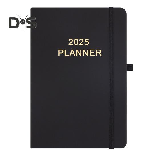 

Планировщик дел на 2025 год с держателем для ручки, обложка из искусственной кожи, ежемесячный планировщик, еженедельные макеты, расписание, книга, офис, школьный ежедневник, органайзер чёрный