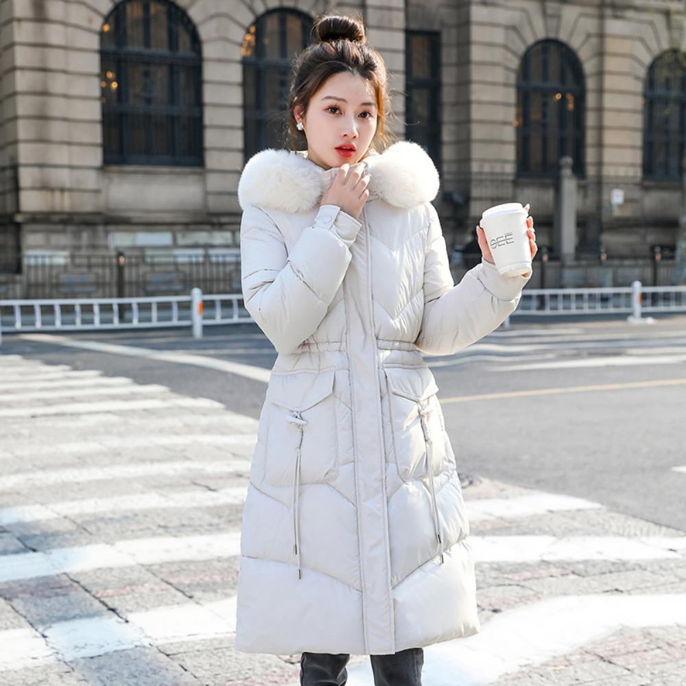 Large Fur Collar Cotton-padded Clothes for Women's Medium and Long Styles, Winter New Fashionable Slim-fitting Cotton Clothes Over the Knee