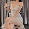 Women White Satin Nightdress Lace V Neck Sleeveless Lingerie Dress Lace Up Side Split Chemise Sleepwear Night Gown Homewear