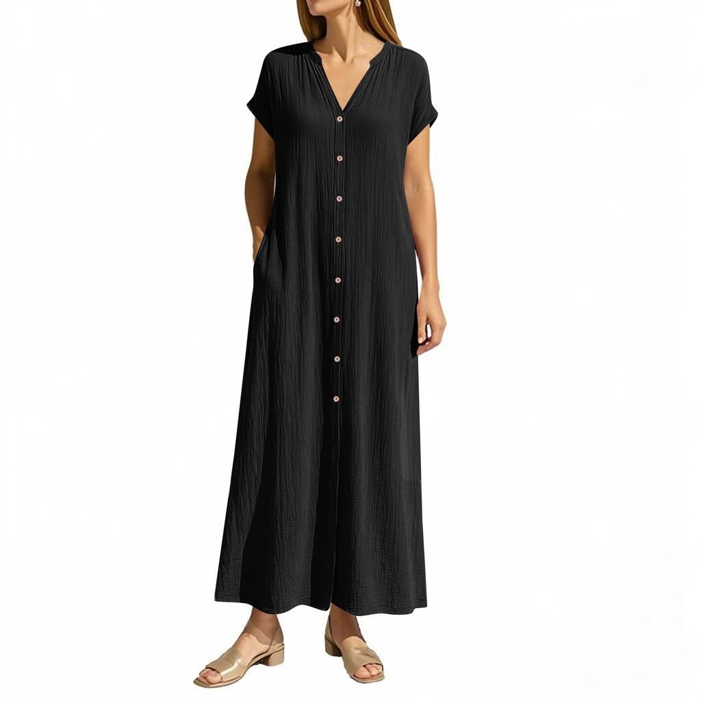 Women's Fashion Loose Solid Color Cotton And Linen V-Neck Pocket Casual Dresses