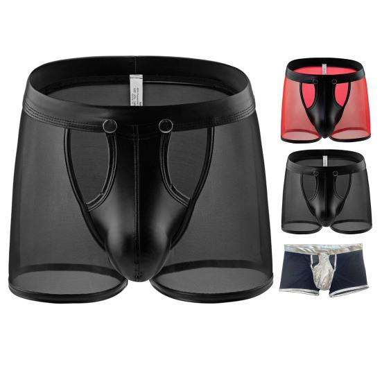 Sexy Herren-Unterhose, leicht zu öffnen, hohl, niedrige Taille, durchsichtiges Netz, Kunstleder, Patchwork, dünn, weich, atmungsaktiv, Boxershorts für Männer