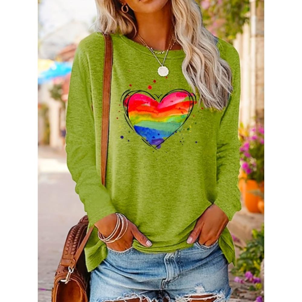 T-shirt da donna con stampa a cuore color arcobaleno, grafiche, camicette a maniche lunghe, top corto, taglie forti, abbigliamento da donna