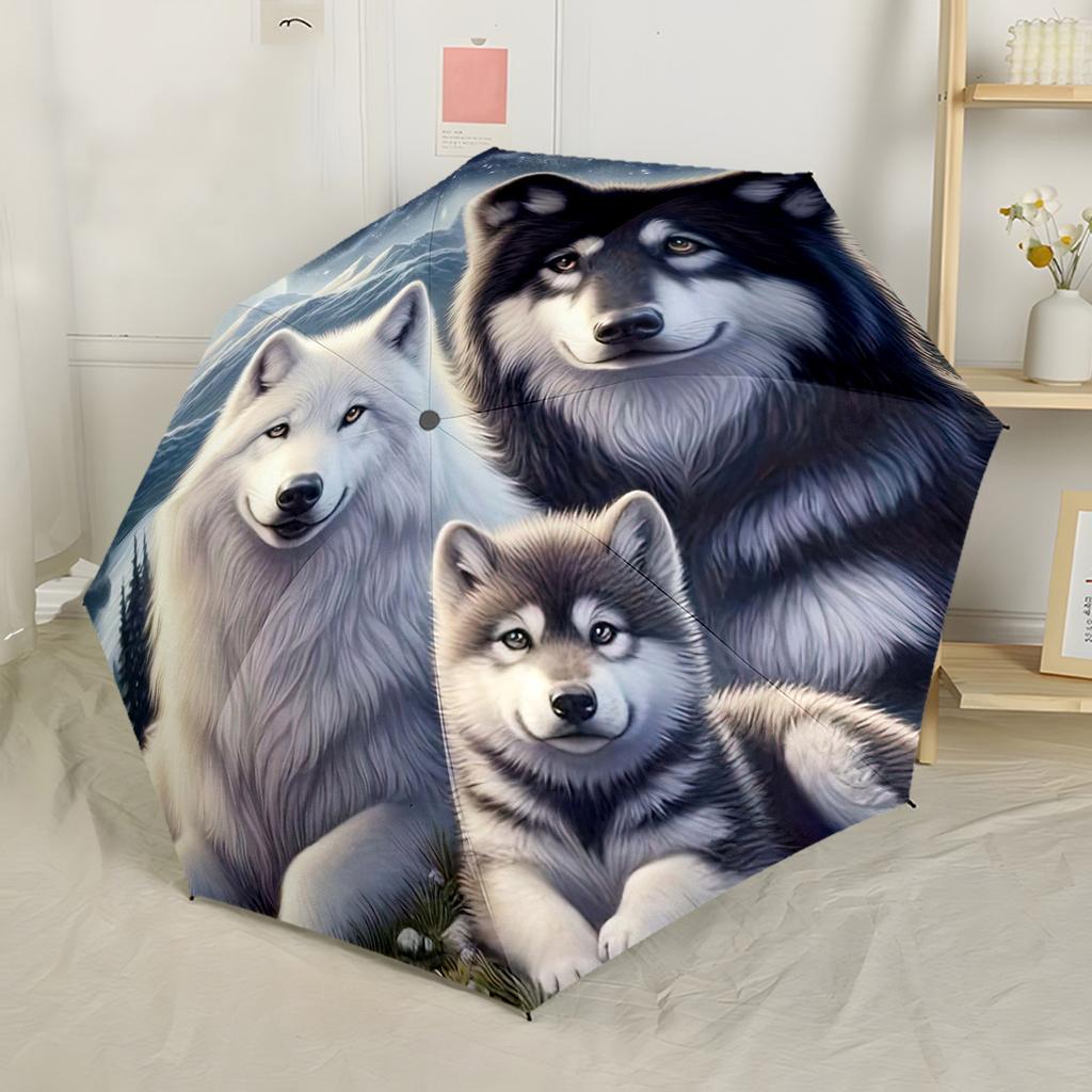 Wolf Family Moonlit Night Automatic Umbrella Compact 8 Rib Lightweight Foldable Design Durable Everyday Carry Umbrella Fashion Lovers