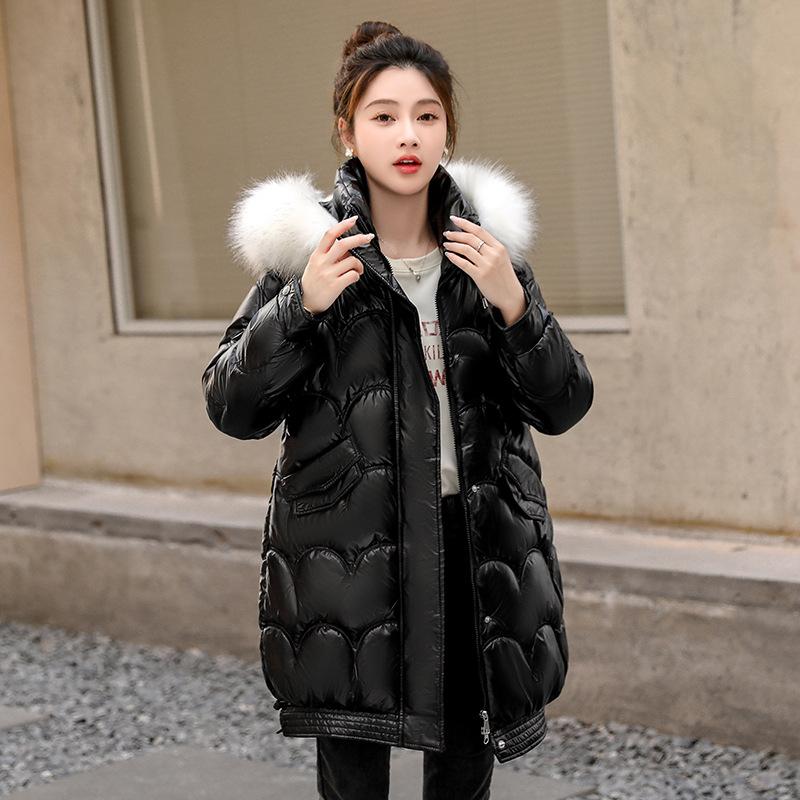 NEW Women's Glossy Down Cotton  Jacket Winter New Fur Collar Hooded Coat Female Warm Parkas Fashion Casual Loose Long Overcoat