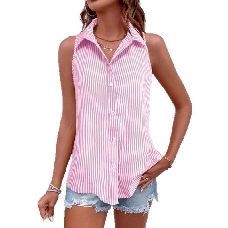 Camisa de Mujer de Verano sin Mangas Holgada a Rayas Elegante Blusa de Oficina Moda Casual Sencilla Dulces Tops Cuello Solapa Ajustado Ropa Streetwear
