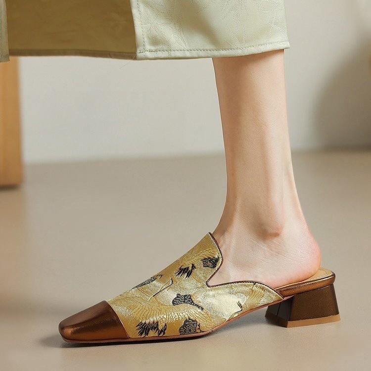 Baotou half slippers women's embroidery thick heel high-end low heel color matching cool slippers with skirt