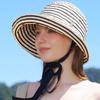 Retro Striped Lace-up Fisherman Hats For Women Summer UV Protection Bucket Hat Casual Outdoor Female Wide Brim Panama Basin Cap