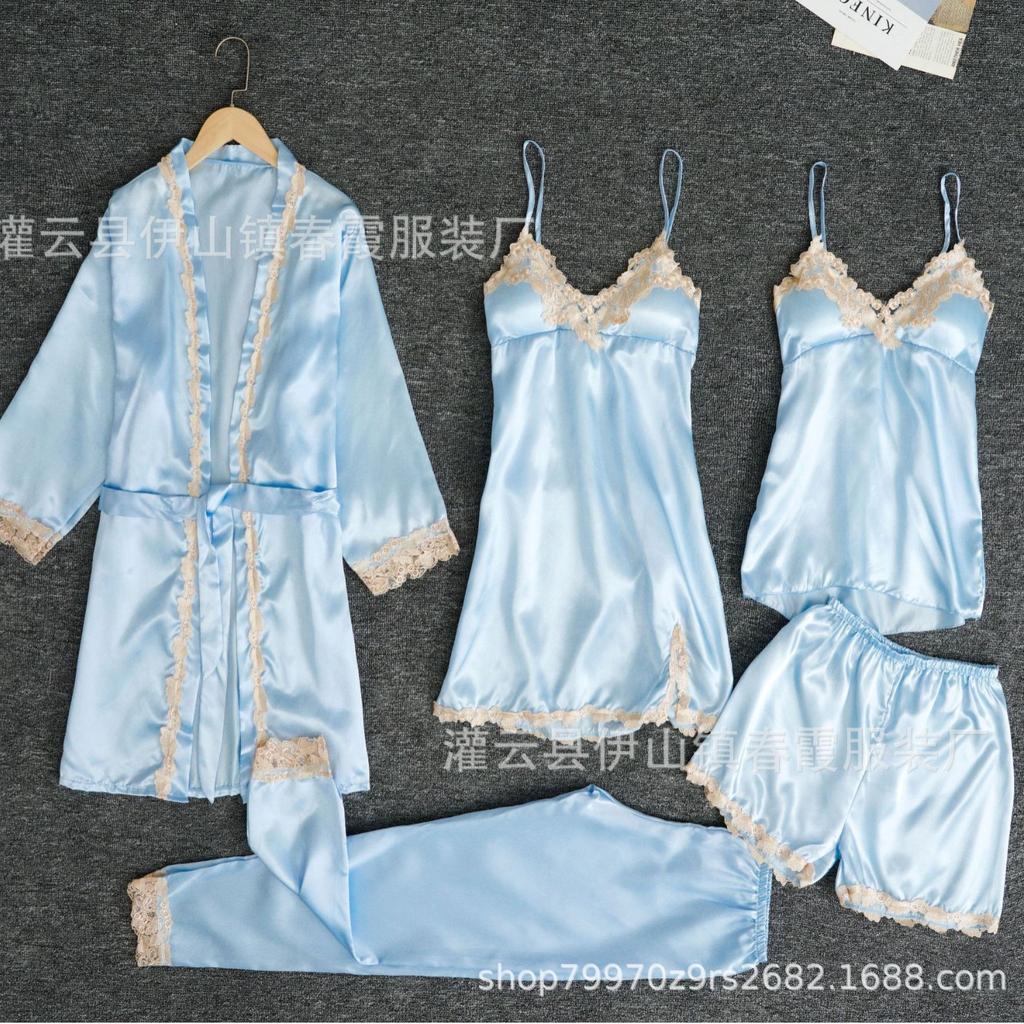 Non-elastic satin simulation silk pajamas, sex underwear, five-piece set of suspenders, sexy women's loungewear