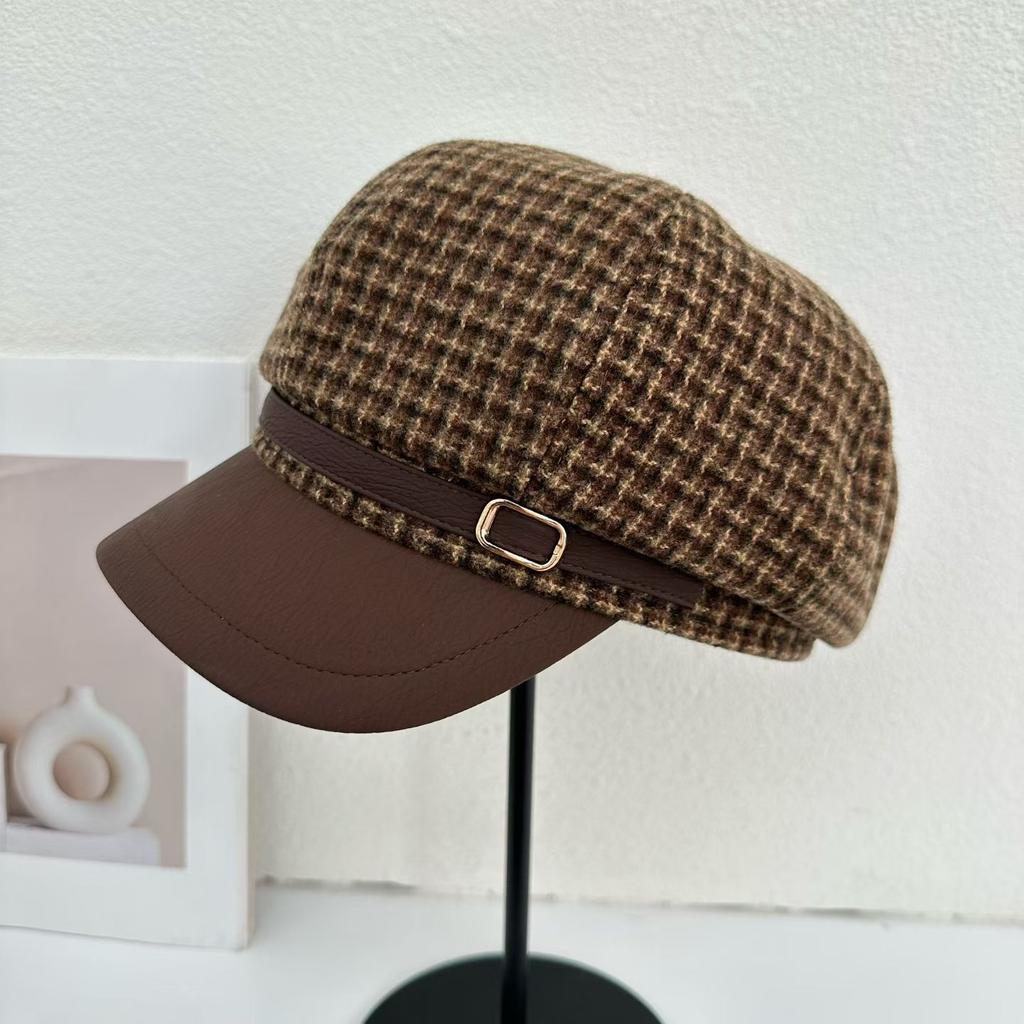Retro plaid octagonal hat women's spring British style duck tongue newsboy hat fashion shading temperament painter hat