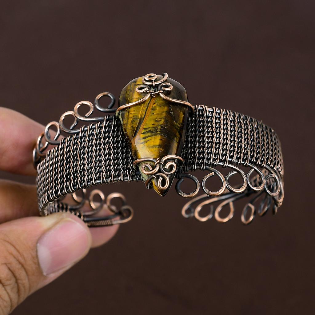 Natural Tiger Eye Gemstone Handmade Copper Wire Wrap Bangle Adjustable Q4r99