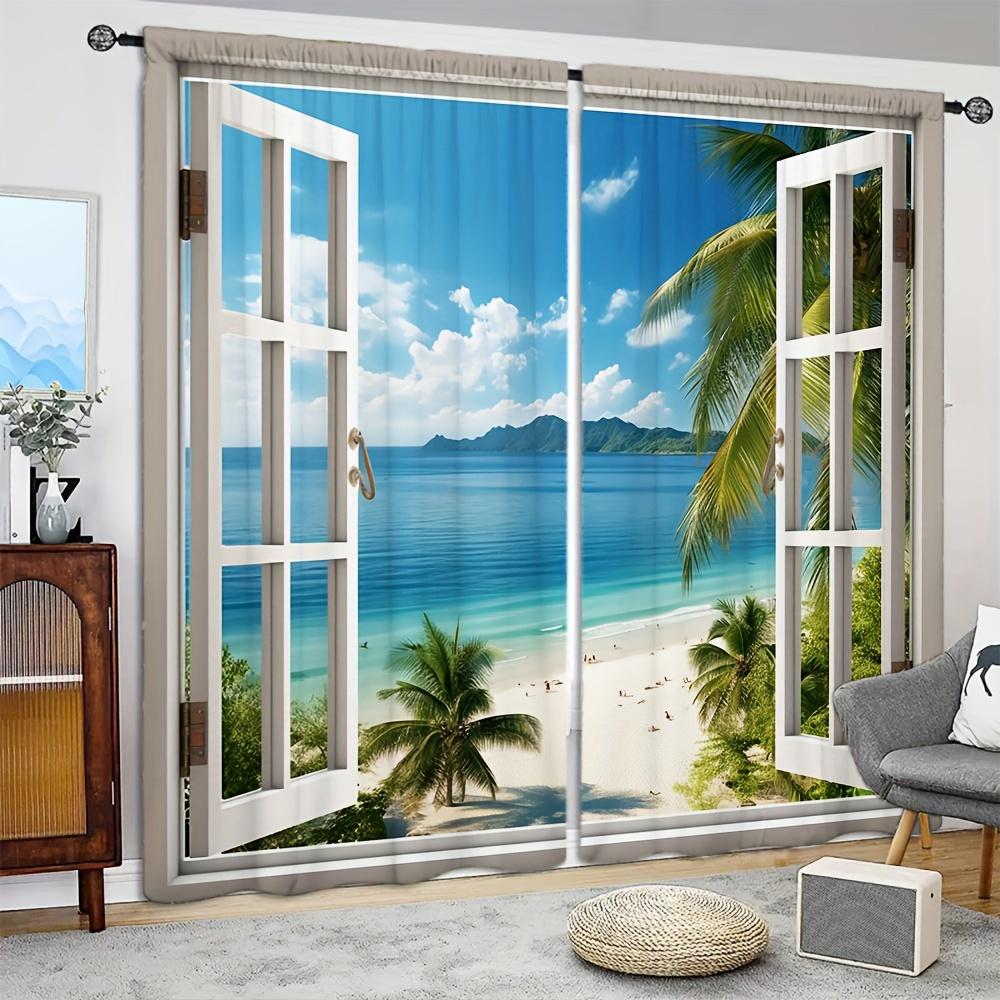 Set Of 2 Modern Tropical Beach Natural Seaside Scenery Curtains Bedroom Study Living Room Balcony Home Decoration Curtain Polyester Perfect For Area