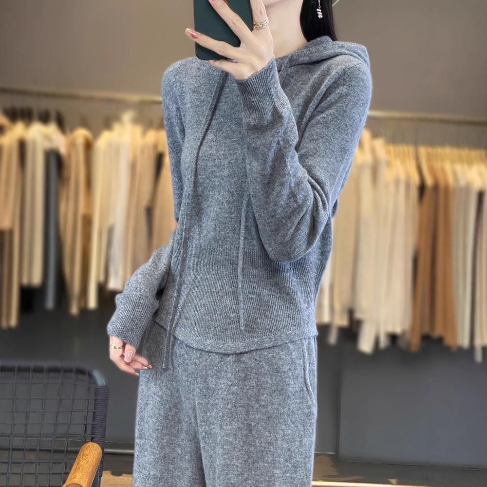2024 Autumn Wool Pants & Hooded Knit Sweatshirt: Korean Style Socialite Slim-Fit Gray Two-Piece Set