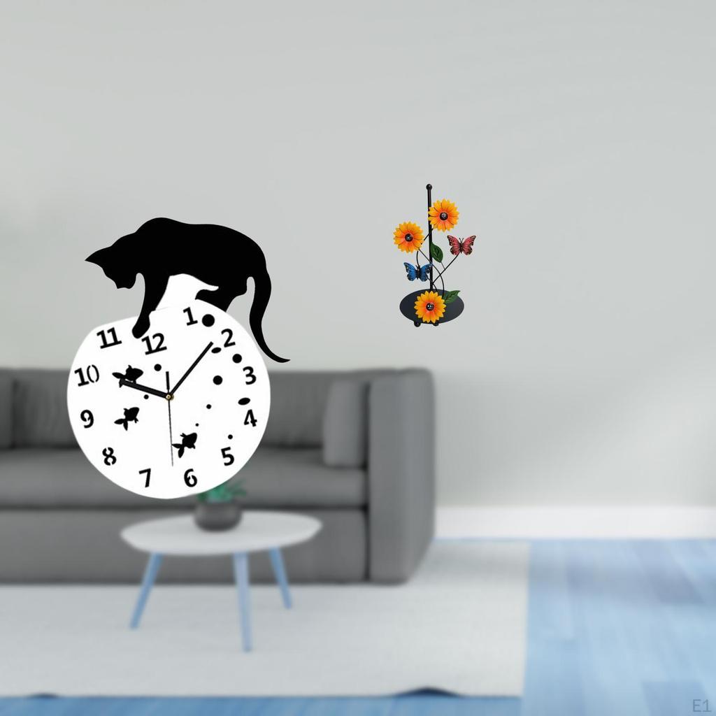 Silent Hanging Cat Wall Clock with Quiet Non Ticking Movement And Vertical Paper Towel Holder for