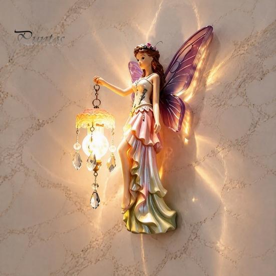 Gift for Birthday or Housewarming Fairy Wall Night Light, Resin Elf Sculpture Lantern Bedroom, 3D Elegant Entrance Hall Lighting Hanging Art