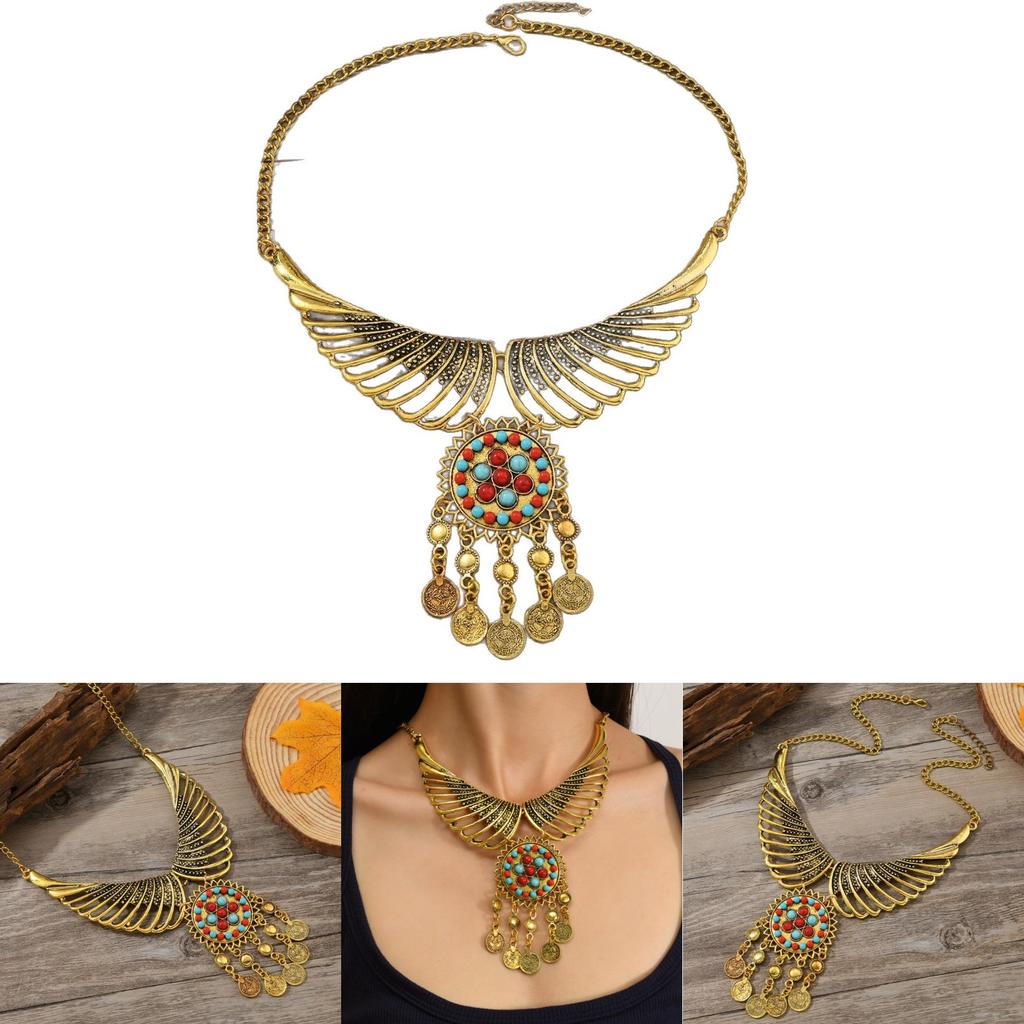 Ethnic Style Angel Wings Pendant Necklace With Geometric Design And Gold Finish For Trendy Wear