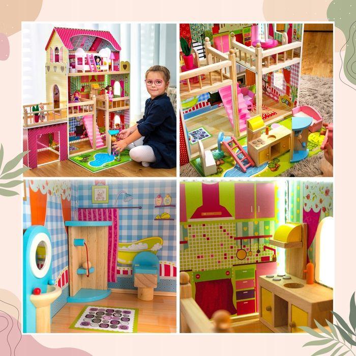 Large Wooden LED Dollhouse with Garage, Garden and 17 Furniture 90 Cm – Kinderplay (GS0020)